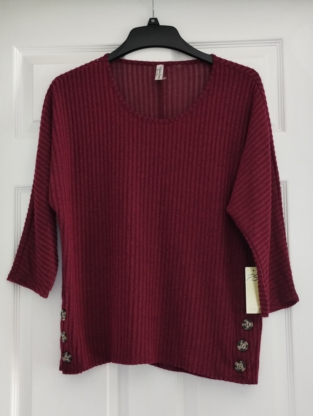Perseption Concept Wine-Red Ribbed Knit Top with Button Trim